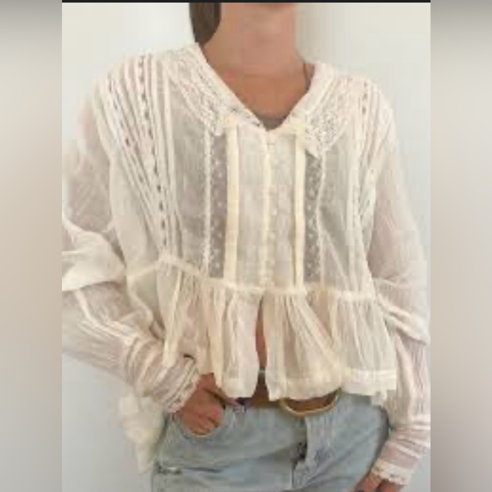 NWT Free People Elodie Lace Trim Elegant Cream Lace Blouse, Size XS